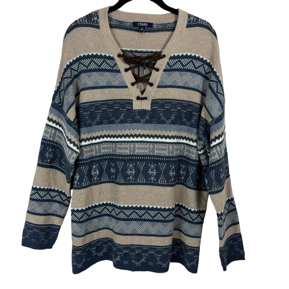 Chaps Sweaters - Chaps Western Sweater Blue Tan Pullover Striped Neckline Crisscross Tie Size L